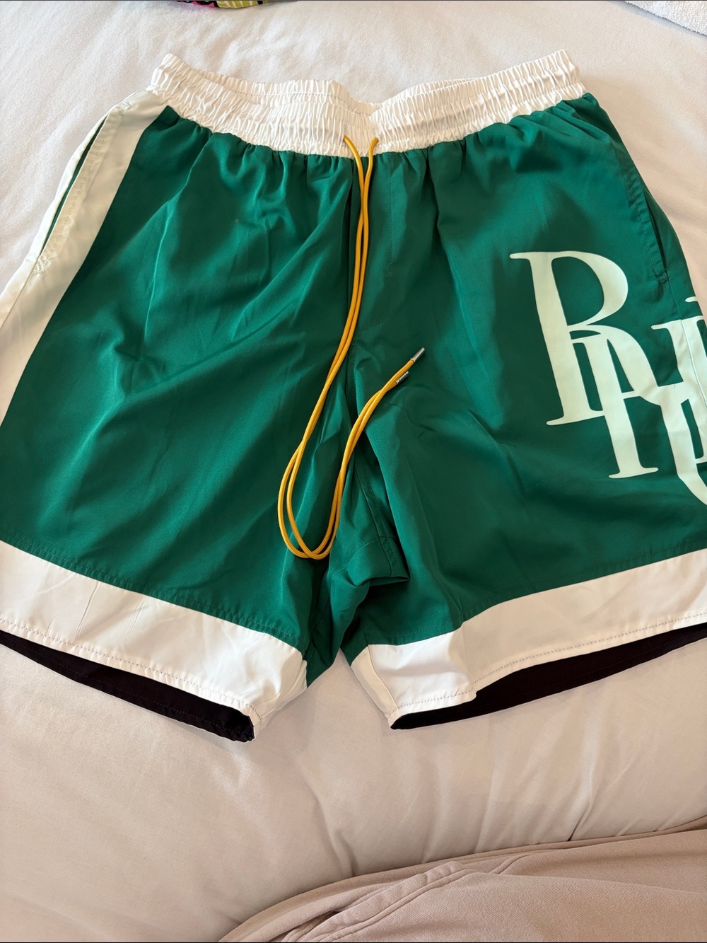 Rhude Green and White Shorts with Yellow Drawstring